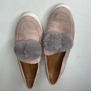ALL BLACK pink suede loafers with gray Pom poms